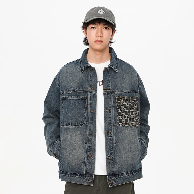 

Vintage embroidery pocket denim jacket men's street fashion Korean styleinsloose cargo washed nostalgic Y2K clothes