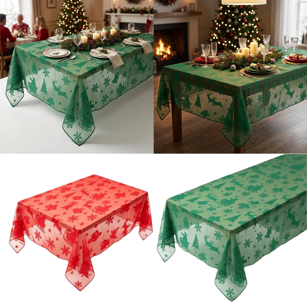 Christmas Table Cover Polyester 140 230CM Sheer Transparent Fabric Flocked Reindeer Snowflake Design for Holiday Table