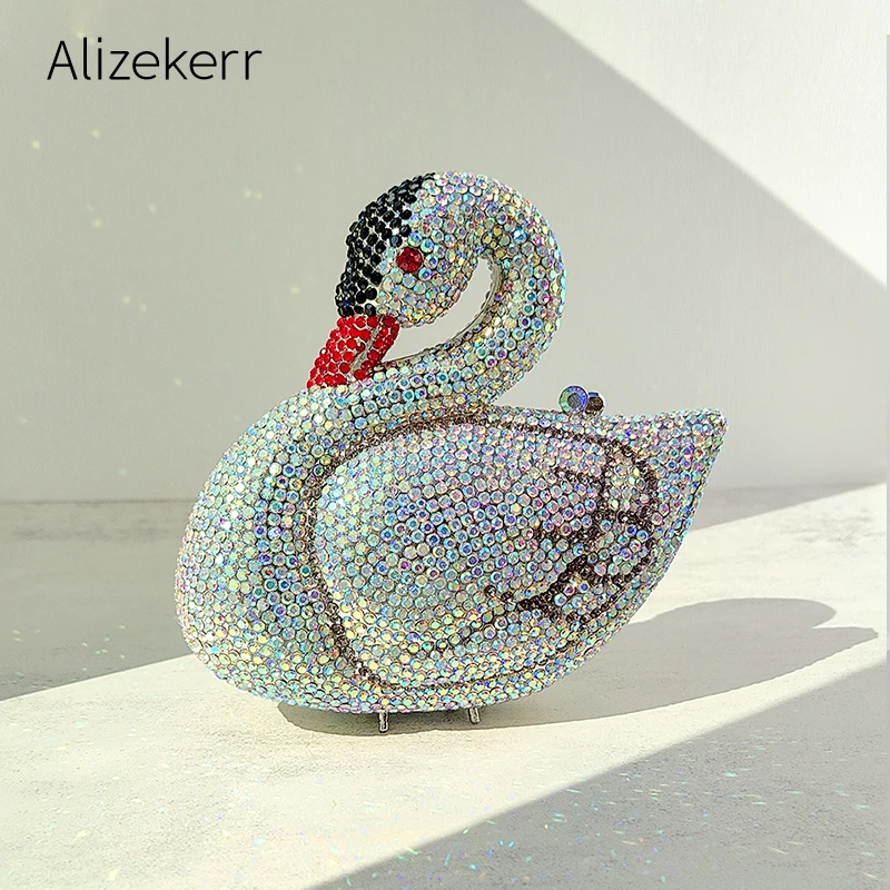 Alizekerr Swan Shaped Crystal Evening Bags Women Boutique Classy Rhinestone Metallic Clutch Purses And Handbags Wedding Party