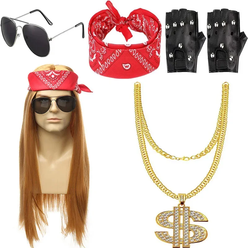 Perruque de Costume à bascule des années 80 pour hommes, perruque Hippie avec Bandana, manches de lunettes de soleil pour accessoires de fête Punk des années 80