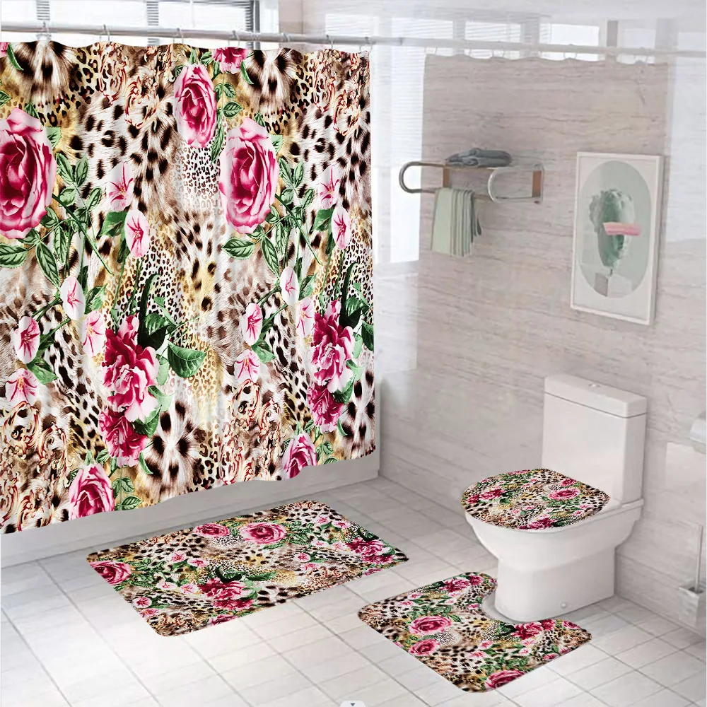 Imagem -02 - Leopardo Conjunto de Cortina de Chuveiro Antiderrapante Tapete de Banheiro Capa de Banho Rosa Floral Selvagem Animal Zebra Pele Banheira Cortinas Decoração do Banheiro