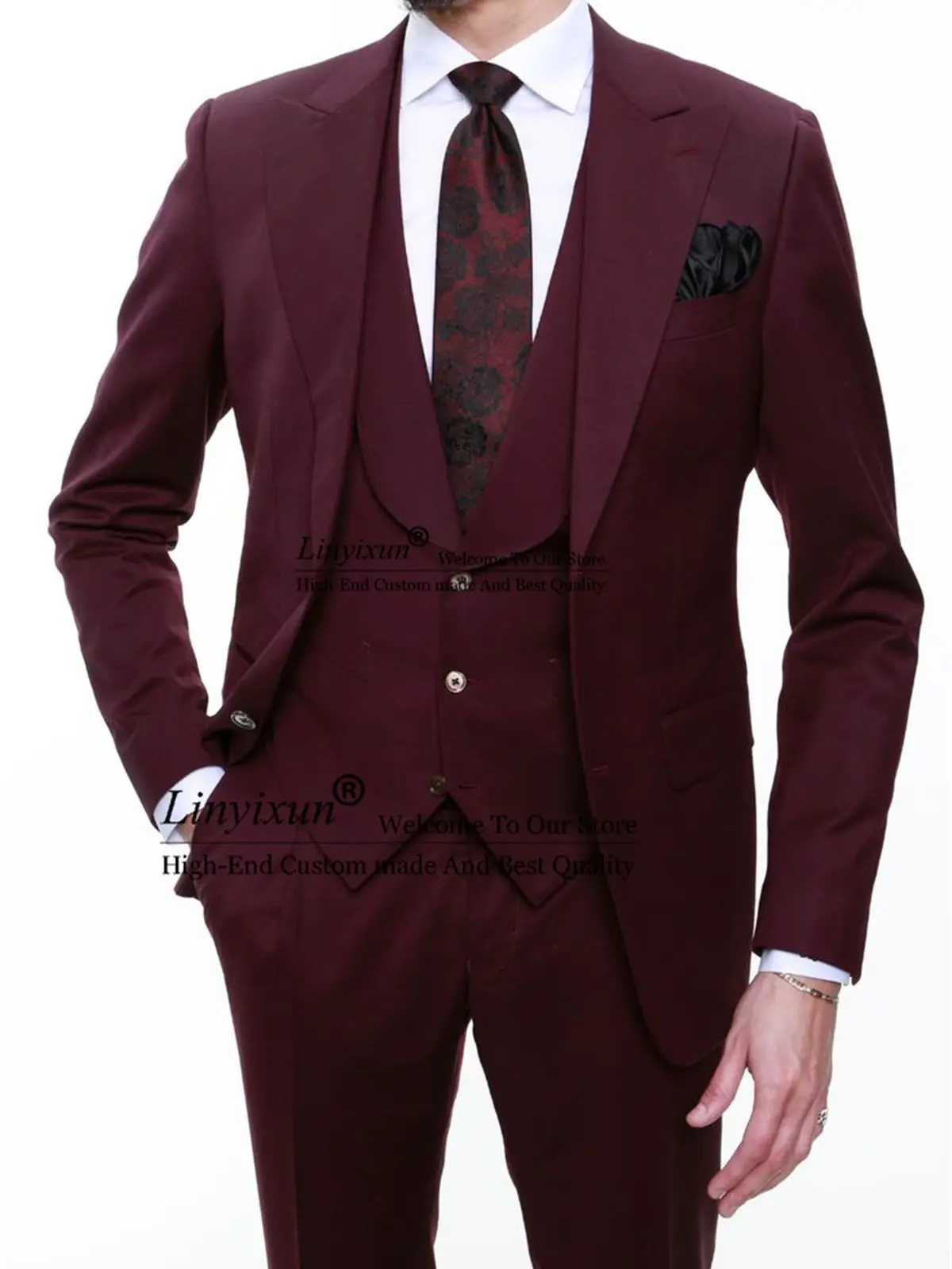 

Burgundy Mens Suits Slim Fit Groom Wedding Tuxedos Formal Male Prom Blazer 3 Piece Sets Groomsmen Terno Masculino Completos