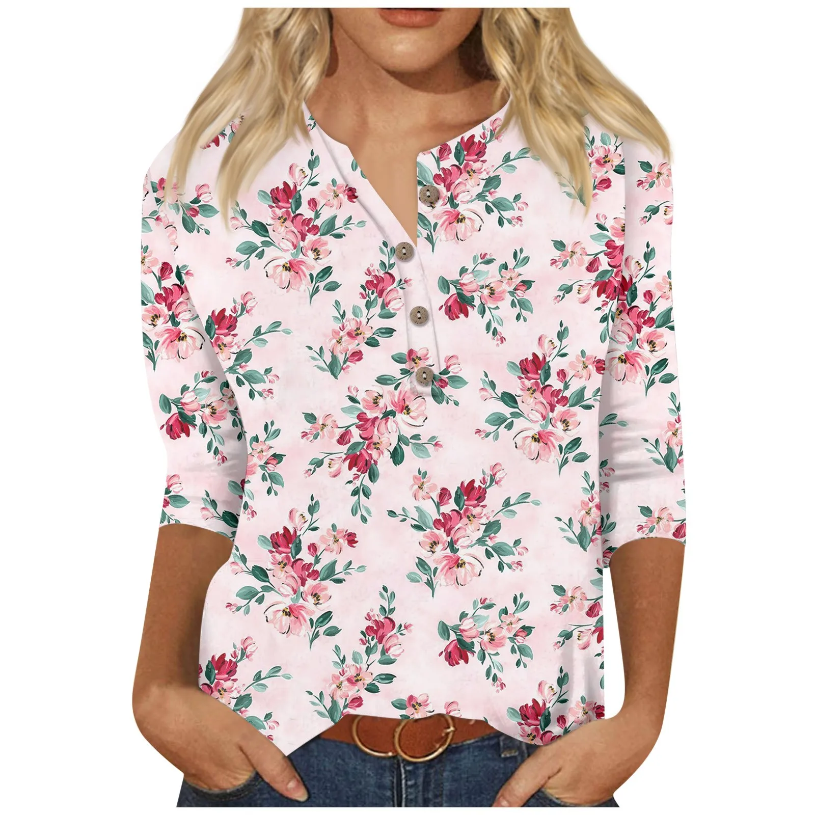 Camiseta floral estampada feminina, botão com decote em v, mangas 3/4, blusa casual diária, camisas femininas de verão, 2024