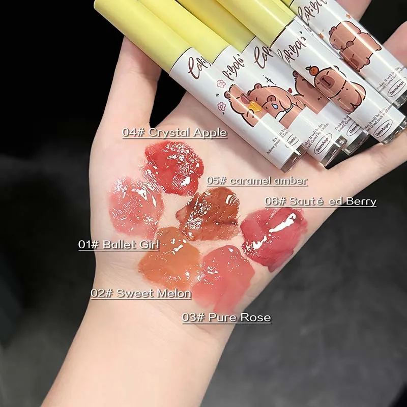 6-color  Mirror Lip Glaze Set Cute Capybara 6 Colors Highly Pigmented Lip Stain Hydrating Glossy Lip Makeup Perfect Gift