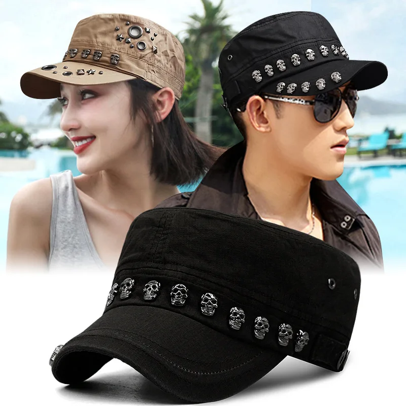 Men Baseball Cap Flat Hats Skull Rivet Flat Top Hat Men Women Outdoor Leisure Military Hip Hop High Street Big Head Plus Size