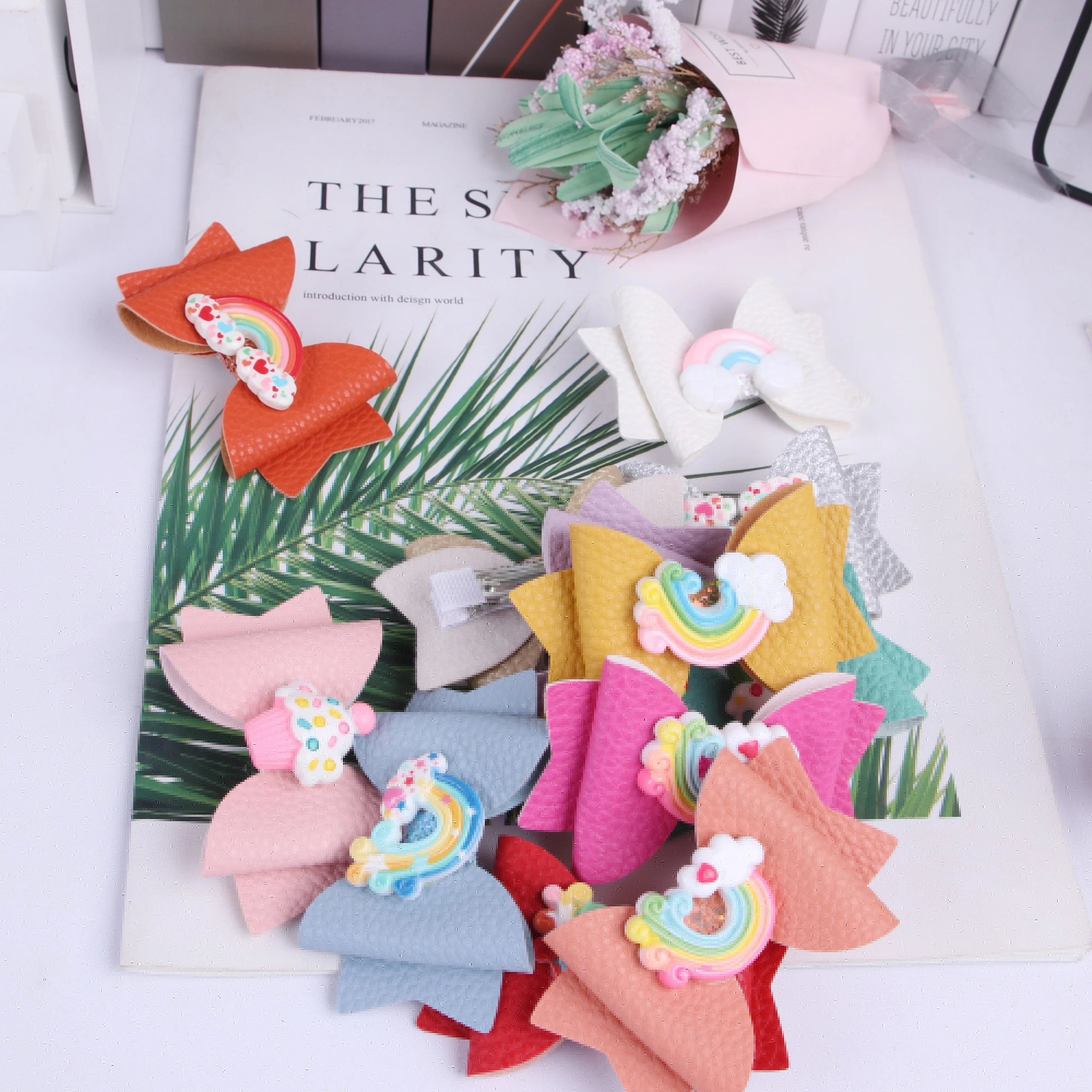 1PC PU Leather Hair Bows with Clips 3inch Bows Rainbow Hair Clips Girls Barrettes Children Kids Hairpins Party Hair Accessories