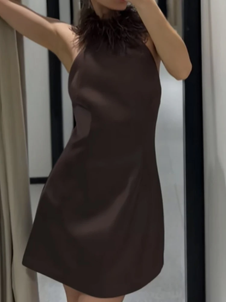 Casual Women's Bareback Slim Birthday Dress Chic Feather Sleeveless Holiday Dress Cocktail Party Solid Color Summer Short Dress