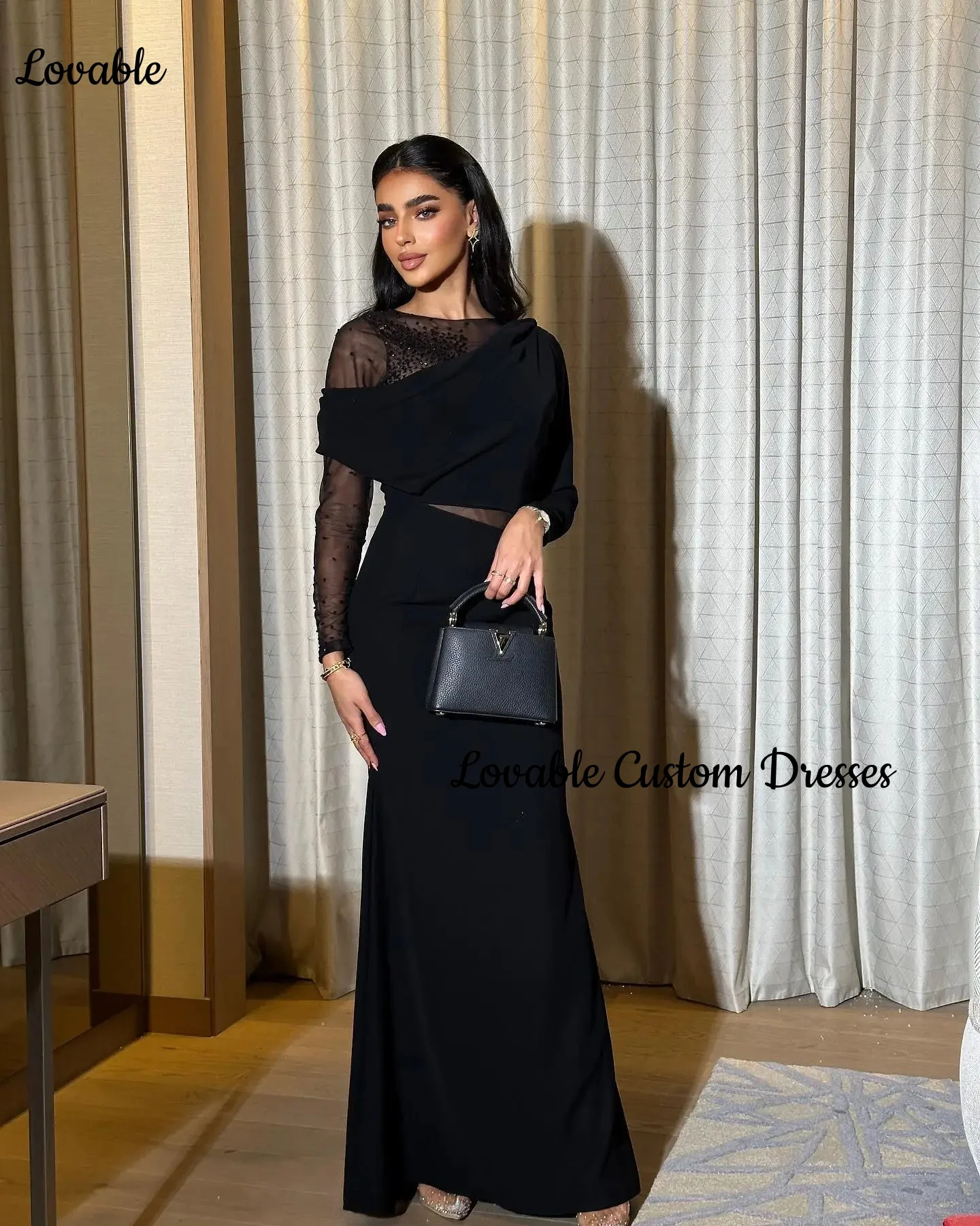 Customized فساتين سهرة A-Line Scoop Neckline Floor-Length Beadings Luxury Evening Dresses Zipper Up Long Sleeves Dresses