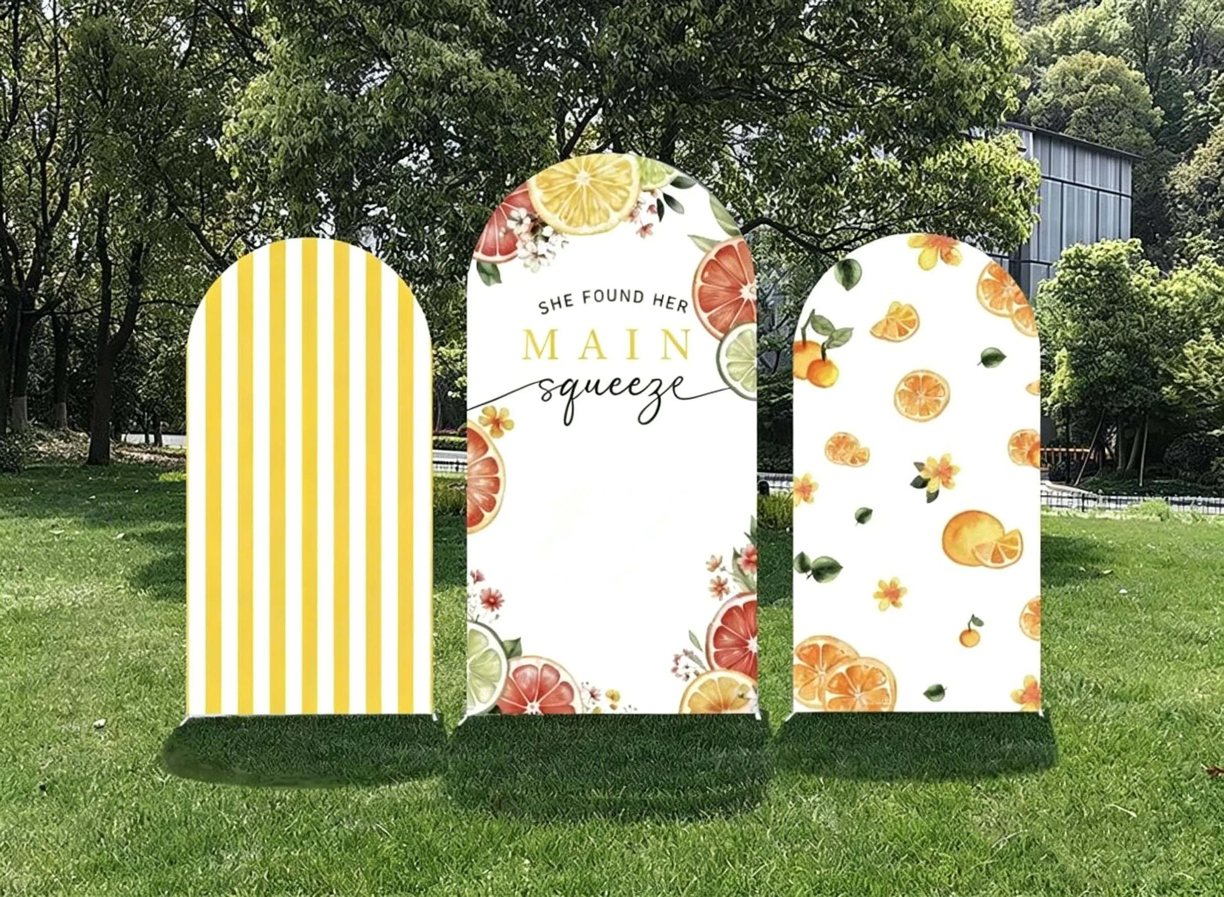 Housse de toile de fond personnalisée pour arche de douche nuptiale, motif mandarine, rayures jaunes et blanches, pour décoration de mariage et photos