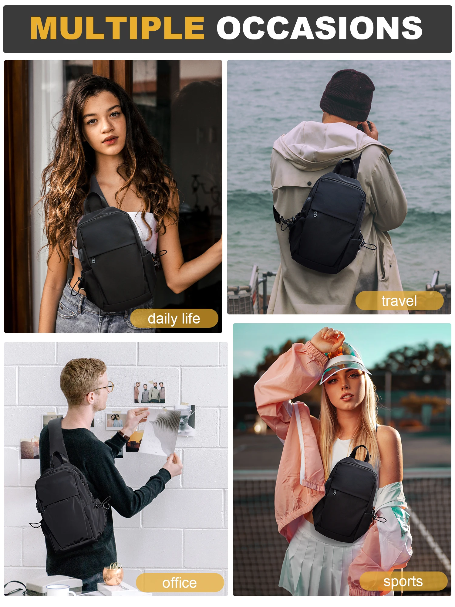 حقيبة ظهر رجالية متعددة الوظائف ، حقيبة كروس بودي ، حقيبة صدر ، حقيبة شارع ، حقيبة كتف متقاطعة كاجوال ، أسود ، علامة تجارية عصرية #6