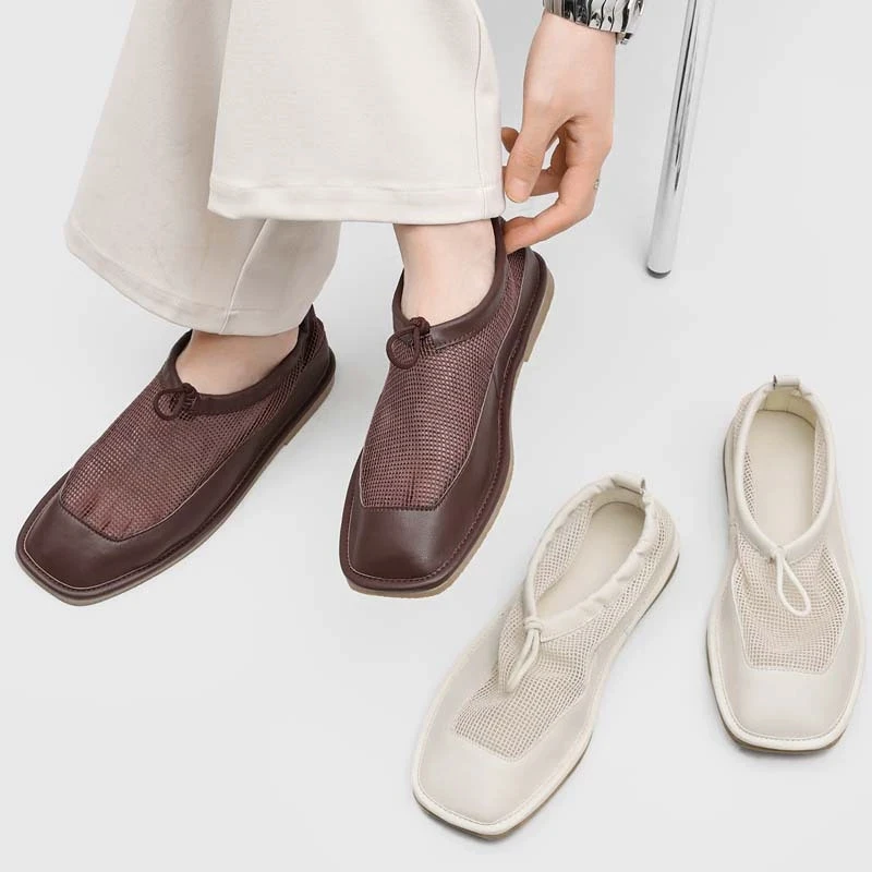 Square-Toed Mesh Splicing Sandals Shallow Lace-Up Slip-On Flats pu Leather Comfortable Simple Women men Shoes Sandalias Mujer