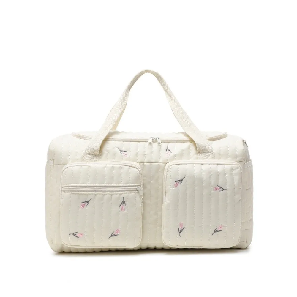 Embroidered Tote Large Capacity Diaper Organizer Multi-pocket Quilted Cotton Mommy Bag Cute Bear Zipped Travel Handbag Toddler