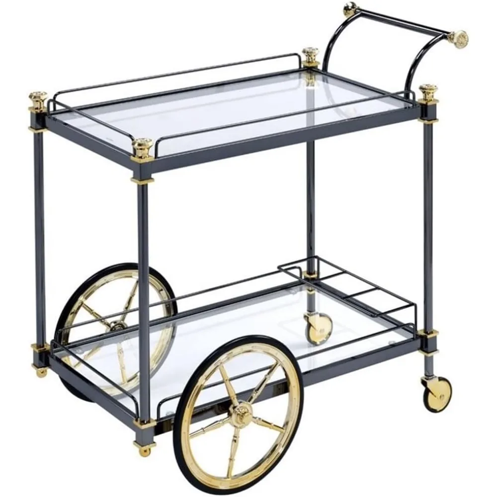 Rectangular Glass Top Serving Cart with 2 Shelves in Black and Clear