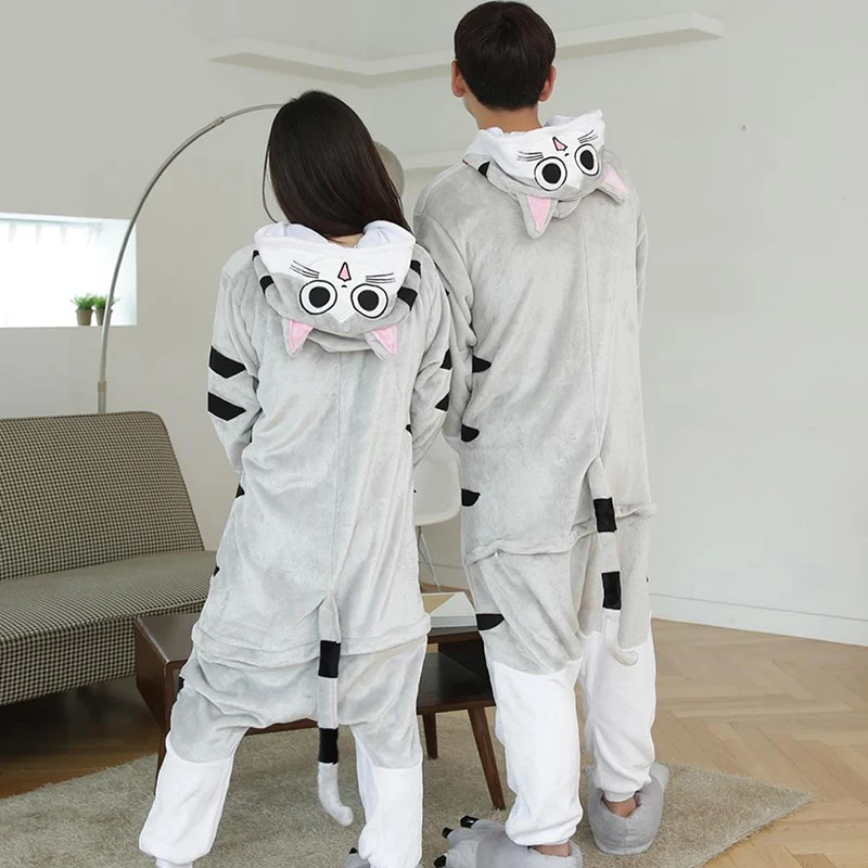 Unisex Winter One-Piece Cartoon Grey Cat Pajamas With Two Pink Pointed Ears Polyester Warm Comfortable Lovely Sleepwear Cosplay