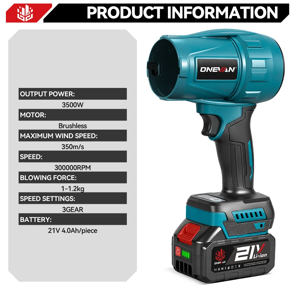 ONEVAN 3500 W Bürstenlosen Elektrischen Turbo Gebläse Cordless Handheld High Power Gebläse Schnee Staub Blasen Für Makita 18 V Batterie pin – Detail 4