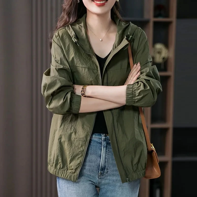 

Summer Hooded Lightweight Short Jacket For Women's Sun Protection Suit Spring New Long Sleeve Jacket Loose casual Coat Black