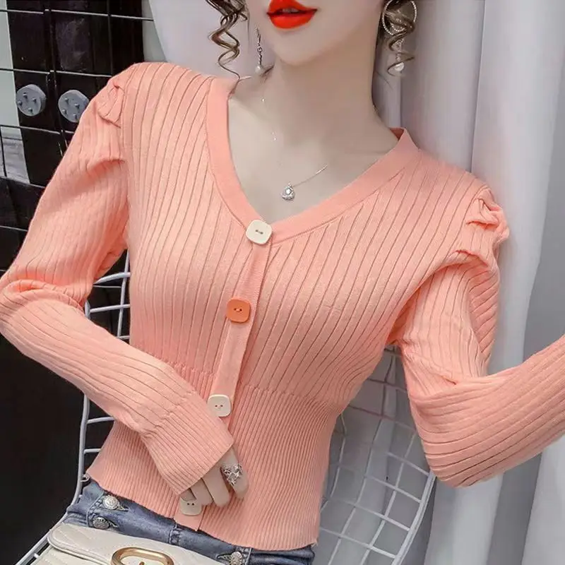 Pullovers Ladies Fashion Buttons Solid Color V-neck Long Sleeve Top Tee Autumn New All-match Pullover Knitting Sweater Women\'s