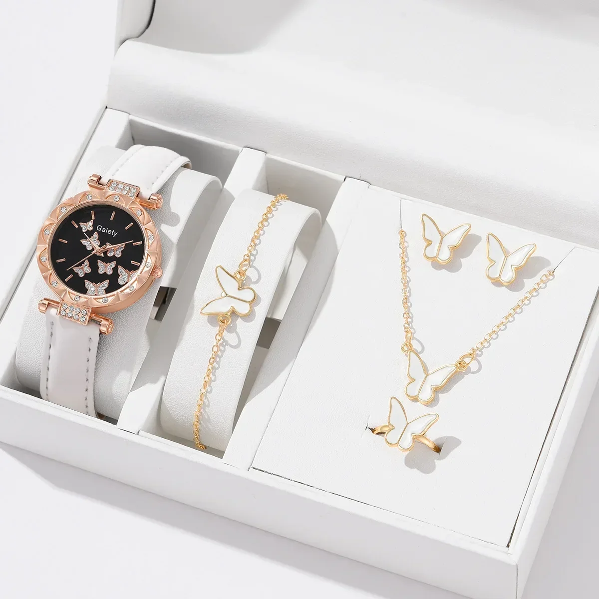 6/1pcs Set Women Watch Ring Necklace Earrings Bracelet Set Watches Butterfly Leather Strap Ladies Quartz Wristwatch (No Box)