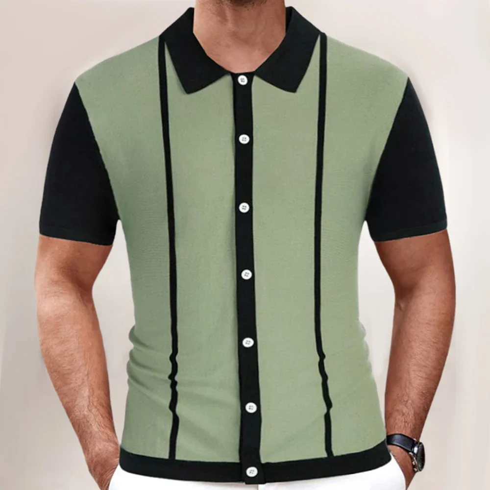 2024 Spring And Summer New Style Mens Casual Business Polo Shirt Vintage Single-Breasted Contrasting Color Knitted T-Shirt