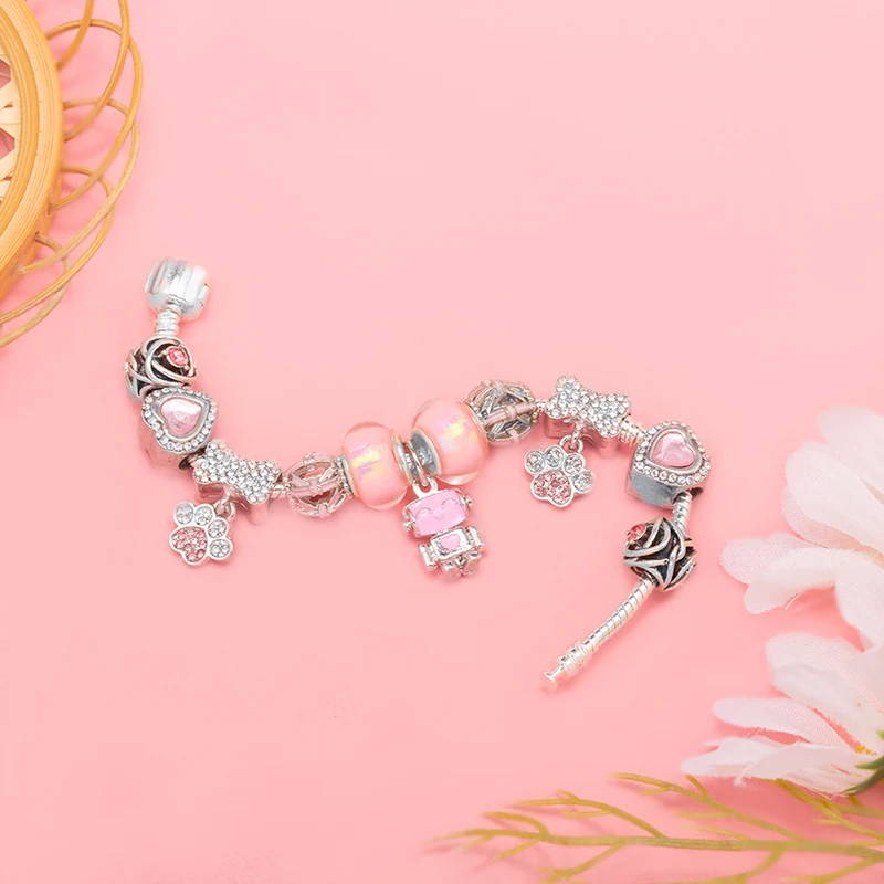 Pink Cute Claw Bone Beads Snake Chain With Love Robot Pendenta DIY Brand Charm Bracelet Jewelry For Women Making Gift New Desgin image 2