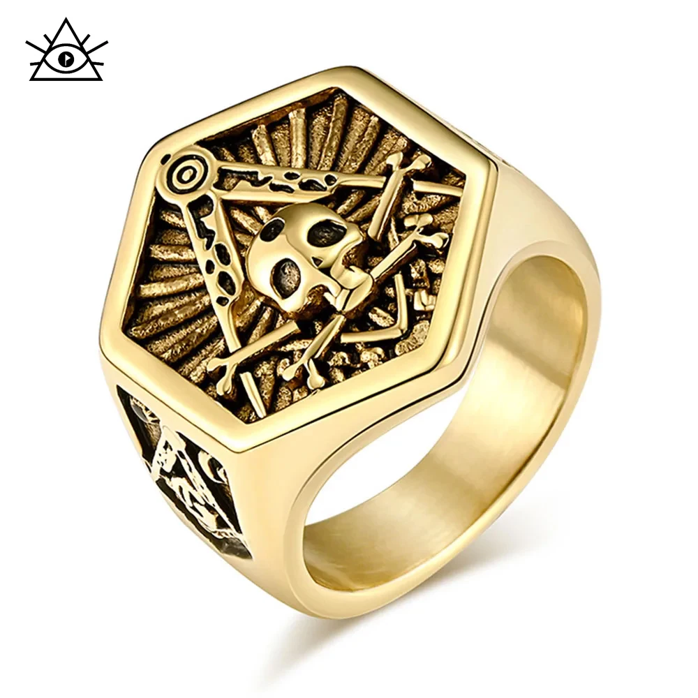 Vintage Masonic Freemasonry Ring for Men Silver Color Stainless Steel Jewelry All-seeing Eye Skull Shaped Mysticism Punk Gift