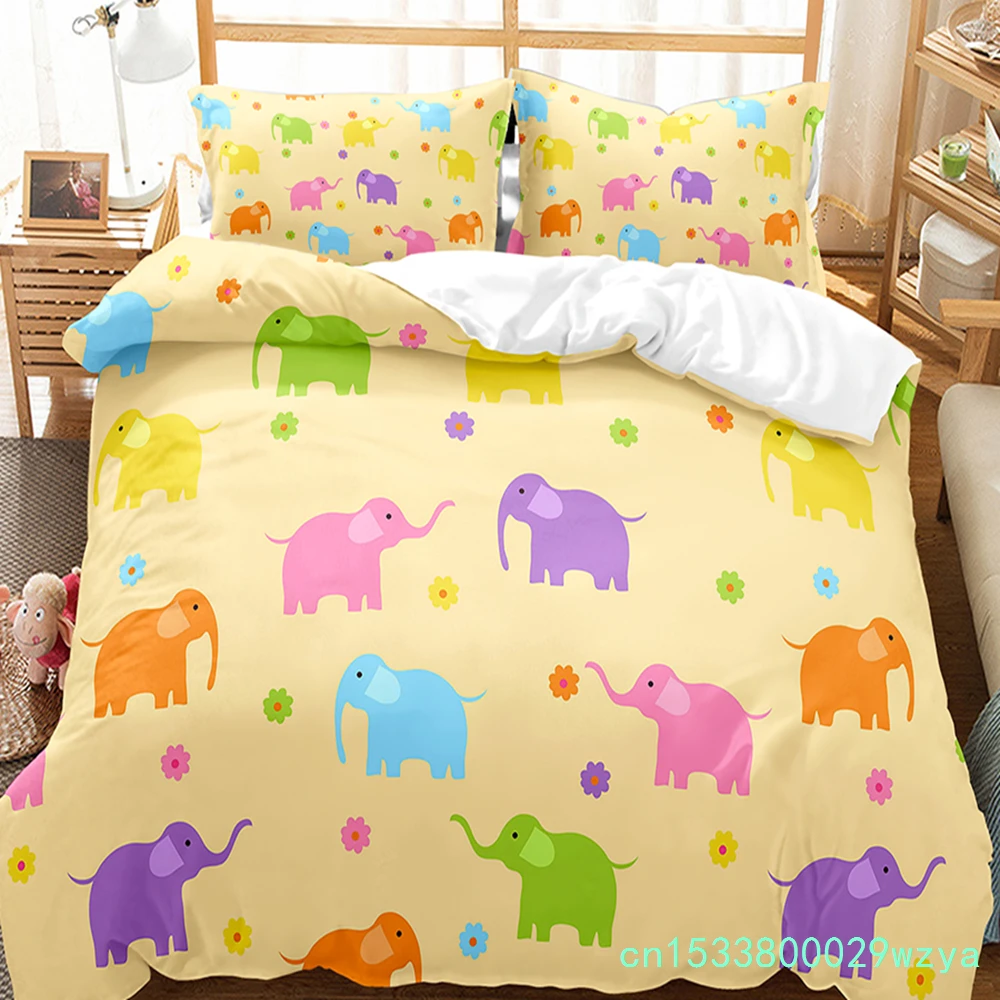 Colourful Cartoon Elephant Duvet Cover Set King Queen Size For Kids Boys Girls Bedding Set Cute Wild Animals Comforter Cover