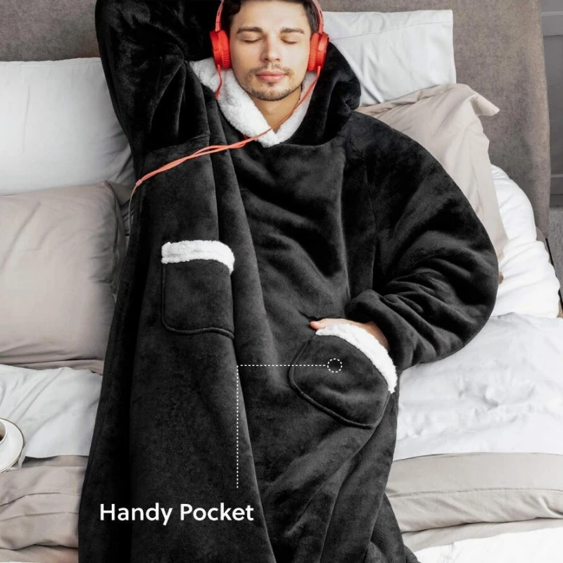 DSankle Winter Oversized Hoodies Super Long Hooded Blanket with Sleeves Women Men Pullover Fleece Giant TV Blanket 150cm