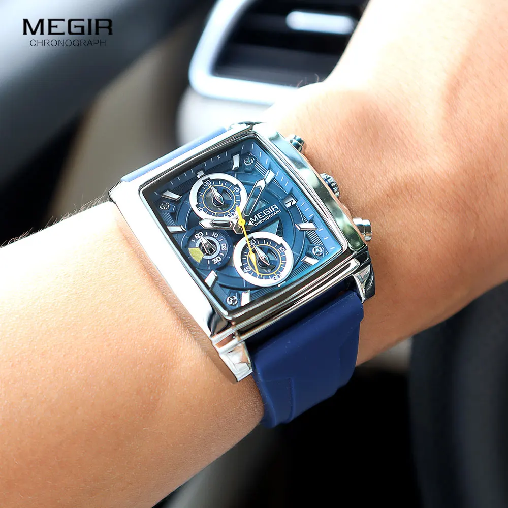 MEGIR Casual Sport Watch for Men Fashion Waterproof Chronograph Quartz Wristwatch with Luminous Hands Blue Silicone Strap Date