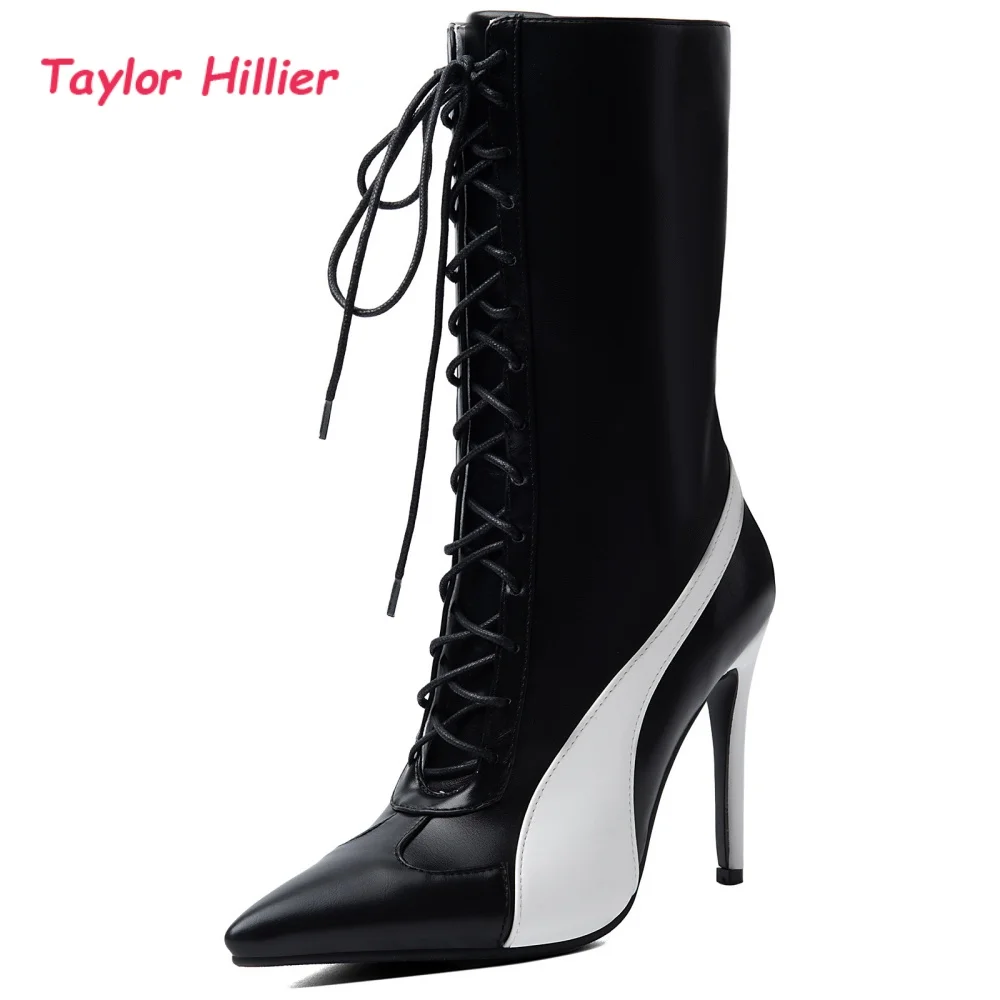 Pointed Toe Color Block Mid Calf Boots Women Front Lace-Up Stiletto High Heels Ladies Party Stylish Contrast Patchwork Shoes