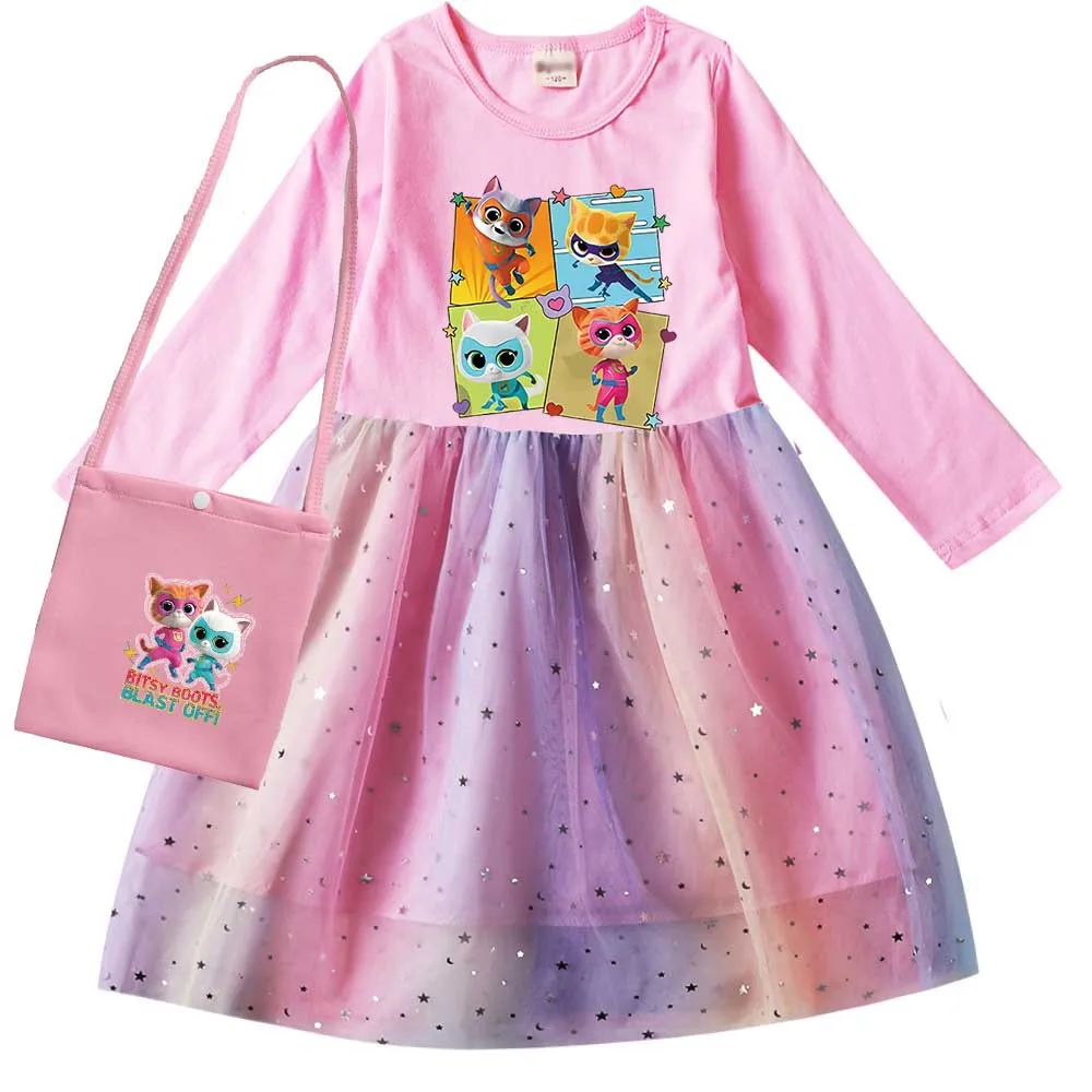 Superkitties Clothes Kids Dresses for Girls Long Sleeve Dress Children Princess Birthday Party Gown Mesh Tutu Vestidos