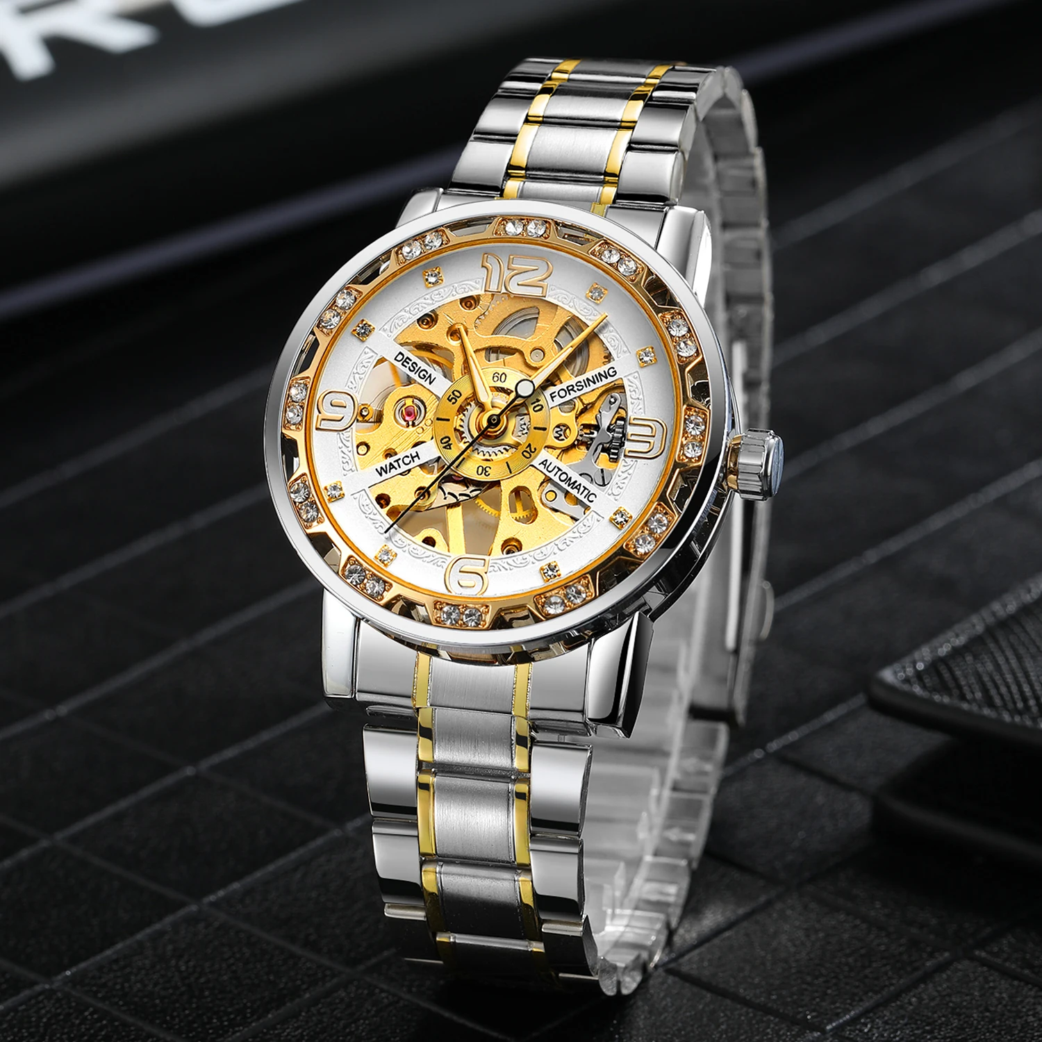 FORSINING модные деловые роскошные мужские механические часы со скелетом, светящиеся указатели со стразами, стальная гравировка, мужские наручные часы