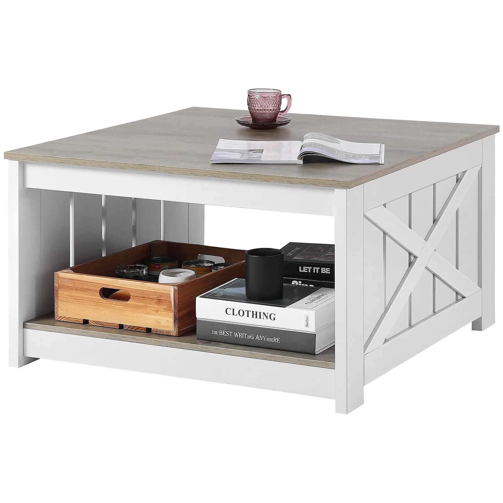 

Uimoso 31.5" Farmhouse Coffee Table Square Table with Open Storage Compartment