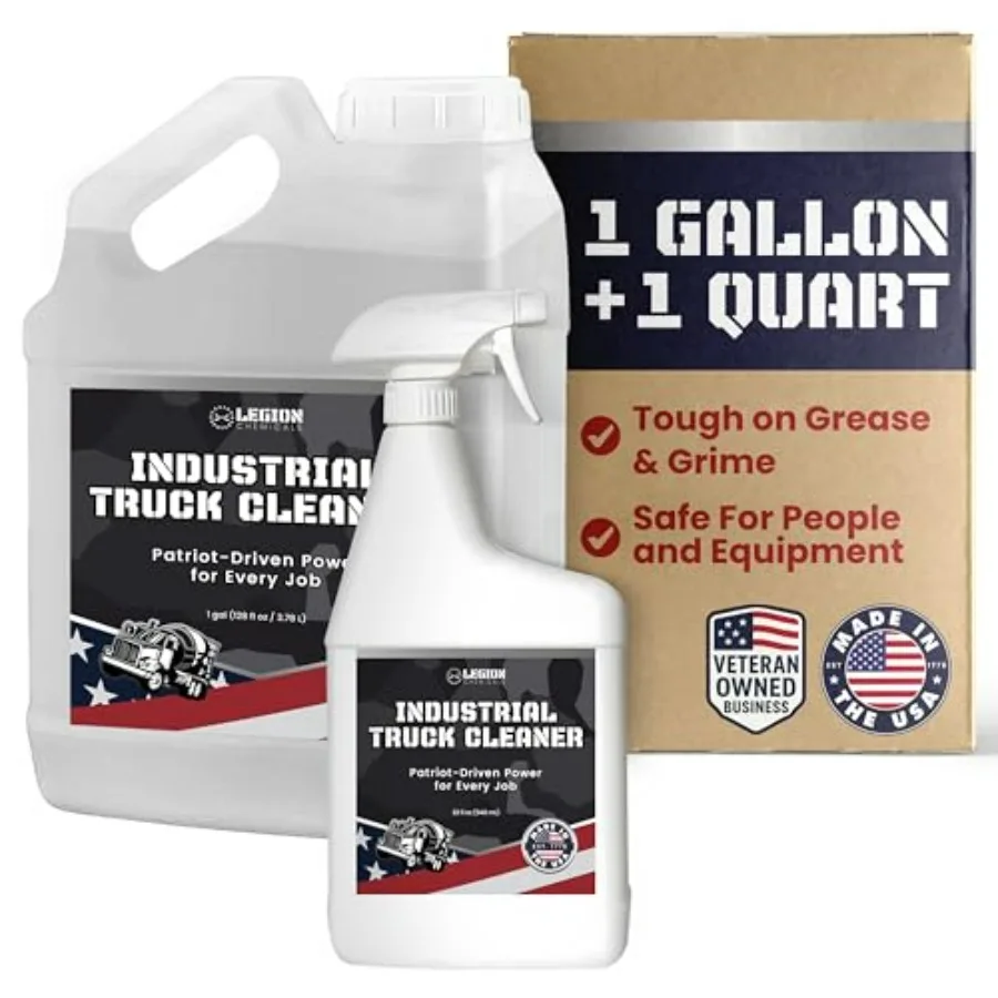 

Промышленный очиститель-обезжириватель для грузовиков: набор с бутылками по 1 кварте и 1 галлону, эффективен против дорожных загрязнений, бережен к людям и оборудованию.