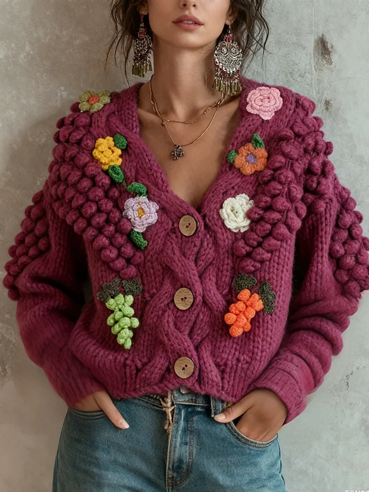 

Hand-crochet Chunky Cardigan Sweater Thick Warm Knitted 3D Ball Grape Motifs Vintage Bohemian Winter Sweater Coat