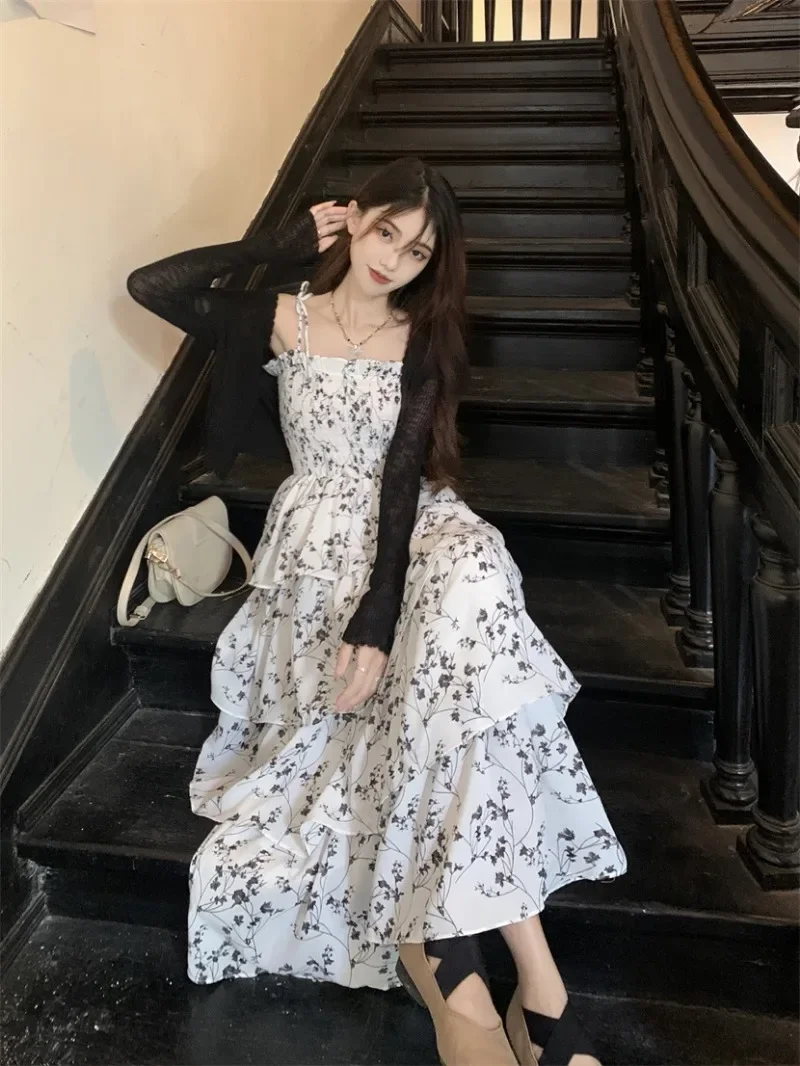 Elegant Dress Women Slip Floral Print Long Beach Dresses French Hepburn Maxi Vestidos Korean Multi Layered Pleated Dress Y2k