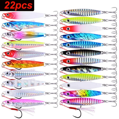 22 Uds. Juego de Señuelos de Pesca Jigging brillantes 40g 30g 20g 17g 10g 7g Shore Drag Cast Jigging cuchara Señuelos de Pesca cebo Artificial aparejos