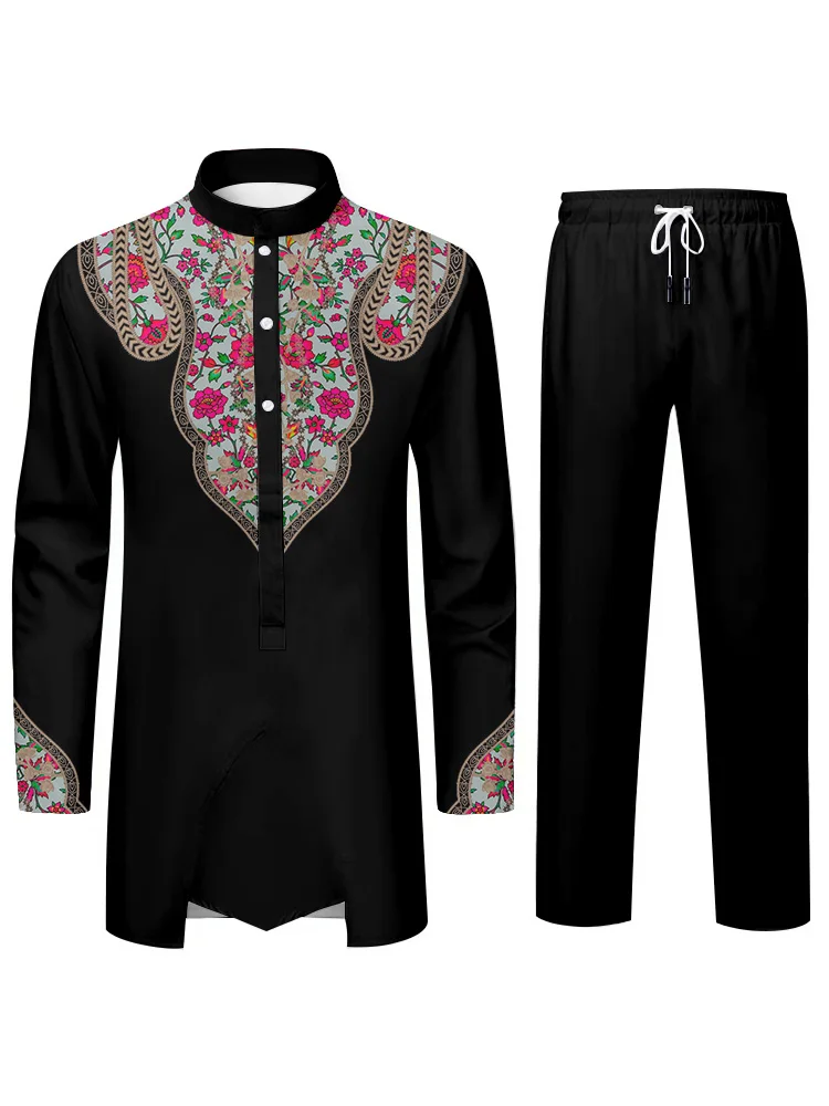 Traditional Cultural Costumes Elegant Men's Suits Elegant 3D Printing Printed Halter Collar Long Sleeve Shirt and Trousers