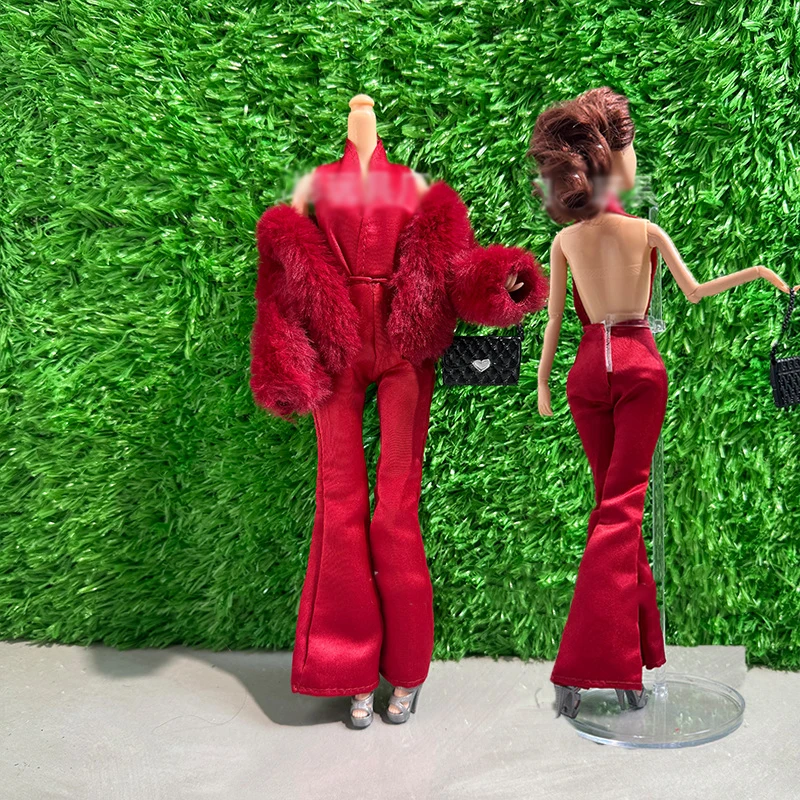 

Новая одежда для куклы 30 см, модный комбинезон с открытой спиной и вырезом + меховое пальто, вечерний костюм, красная ковровая дорожка 1/6, аксессуары для кукольной одежды