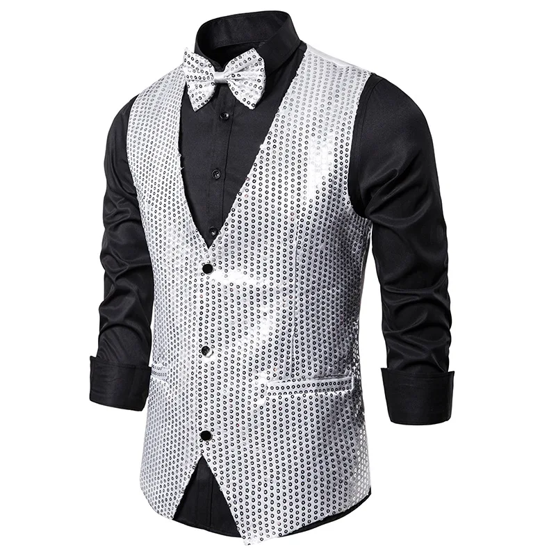 Men Sequin Vest Waistcoat Stage Wedding Party Casual Slim Groom Groomsman Men\'s Bling Formal Dress Vests die Veste 12 Colors V04