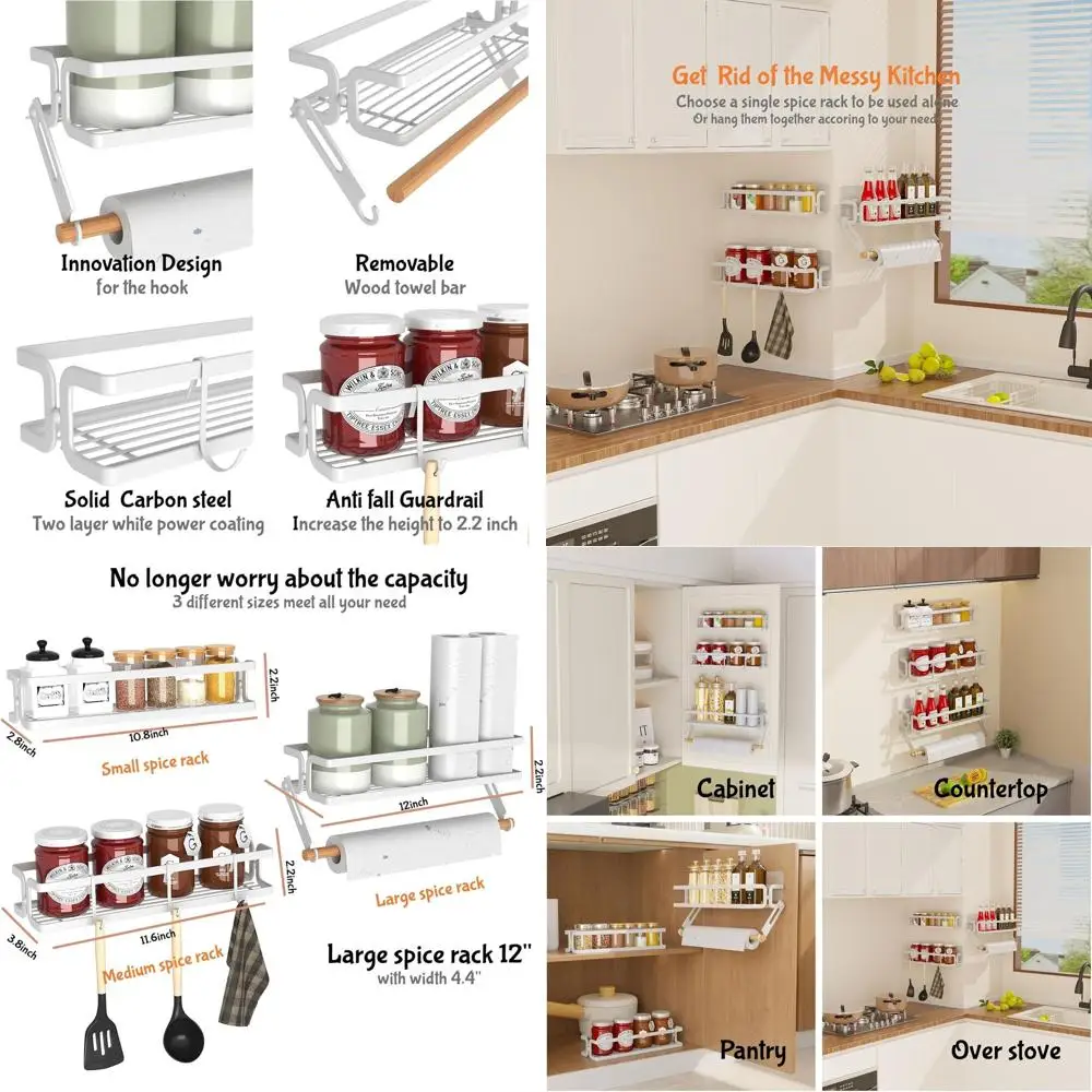 

Wall-Mounted Spice Rack with Paper Towel Holder, Hooks, and Adhesive, White, Space-Saving Organizer for Kitchen Seasonings