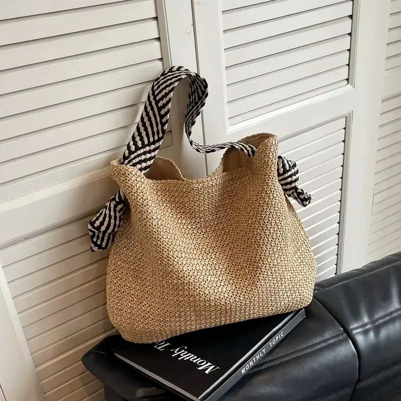 

Straw Woven Summer New Large Capacity Shoulder Bags Solid Color Versatile 2025 Brand Bags for Women Vacation Women's Handbags
