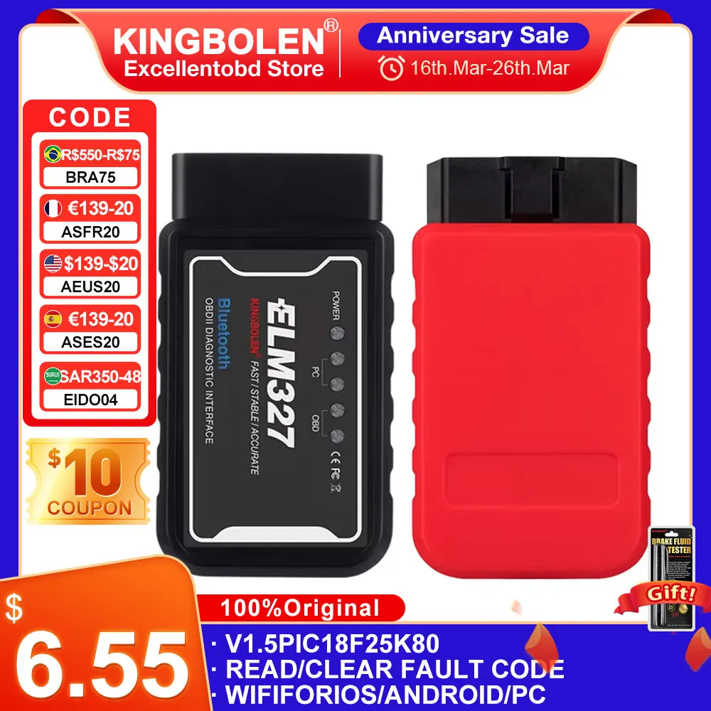 KINGBOLEN ELM327 Bluetooth-compatible V1.5 PIC18F25K80 ATAL & ATPPS 4mHz Crystal Wifi For Android/IOS Torque OBDII Code Reader