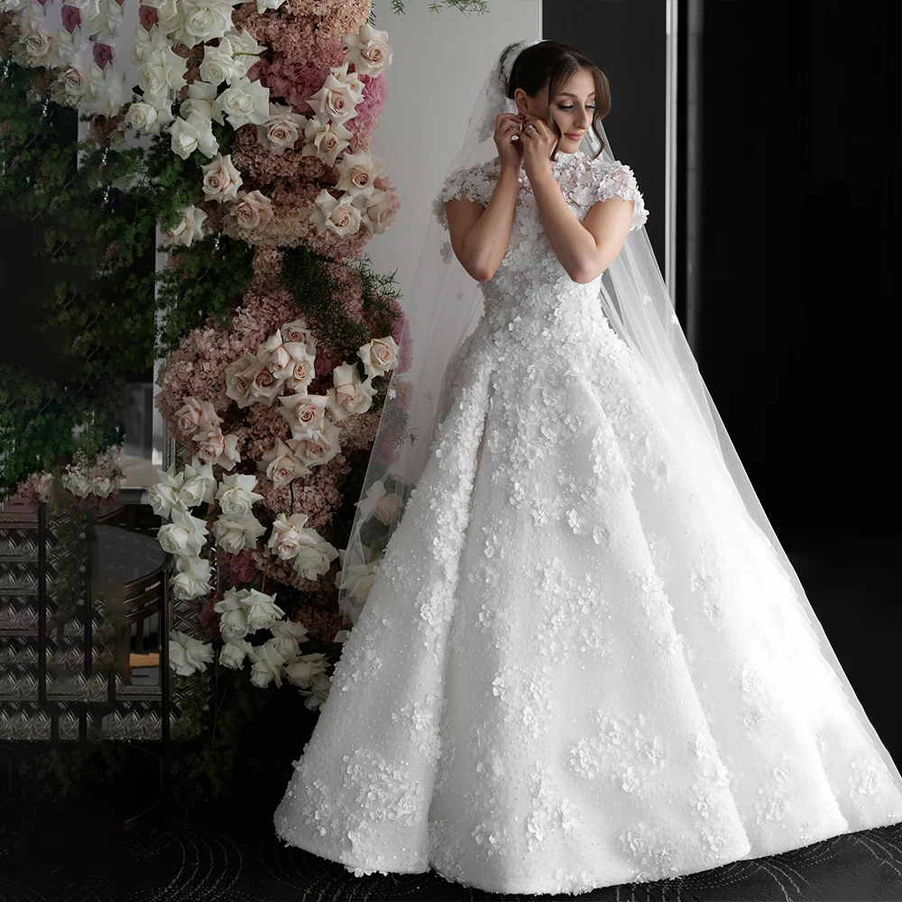 Flower Wedding Dresses High Collar Short Sleeve Luxury Bride Dress High Quality Islam Church Bridal Customized robes de soirée