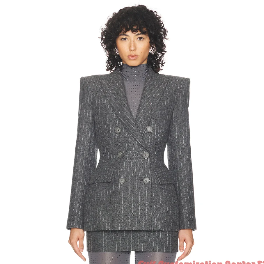 Traje de Lana de Lujo para Mujer, Doble Botonadura, Gris a Rayas, Conjunto de 2 Piezas, Chaqueta + Pantalones, Blazer Moderno para Oficina y Ropa de Calle