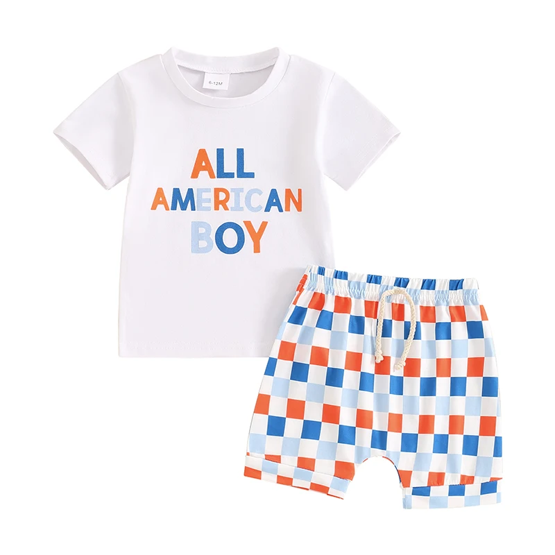 Little Boy 4th of July Outfit Letter Print Round Neck Short Sleeve Tops Checkerboard Elastic Waist Shorts Toddler Set