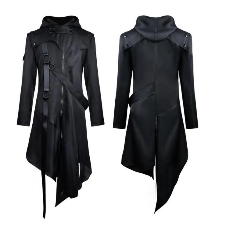 Men Black Medieval Retro Trench Coat Cosplay Halloween Punk Steam Game Performance Prop Costume Autumn Winter Hooded Jacket