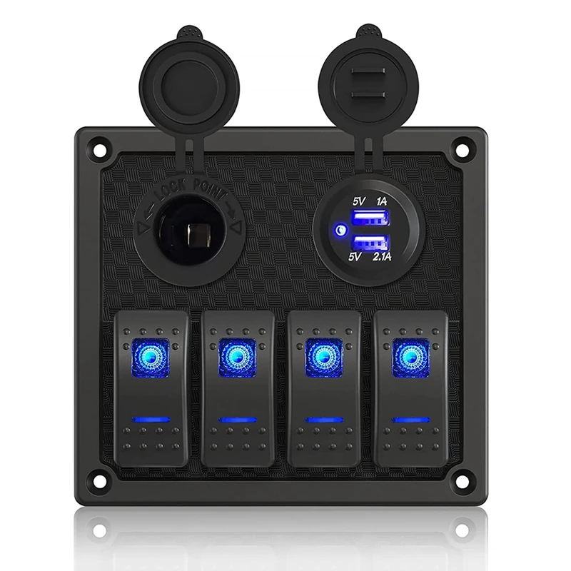 Marine Boat Switch Panel Waterproof,12/24V 4 Groups With Dual USB Slots Socket 10/20A LED Light Boat Switch Panels,Blue