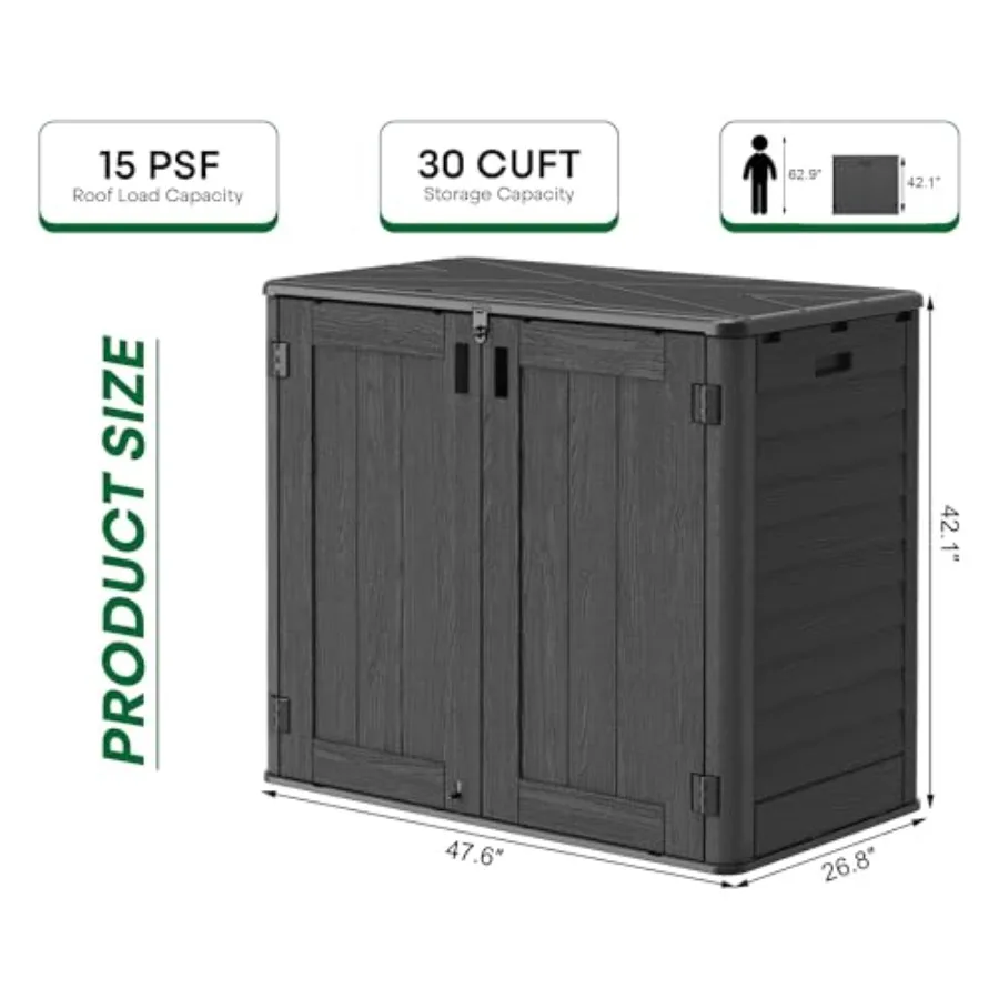 Outdoor storage cabinet: 31 cu ft waterproof horizontal resin cabinet in gray, weather-resistant with pad-lockable doors for ba