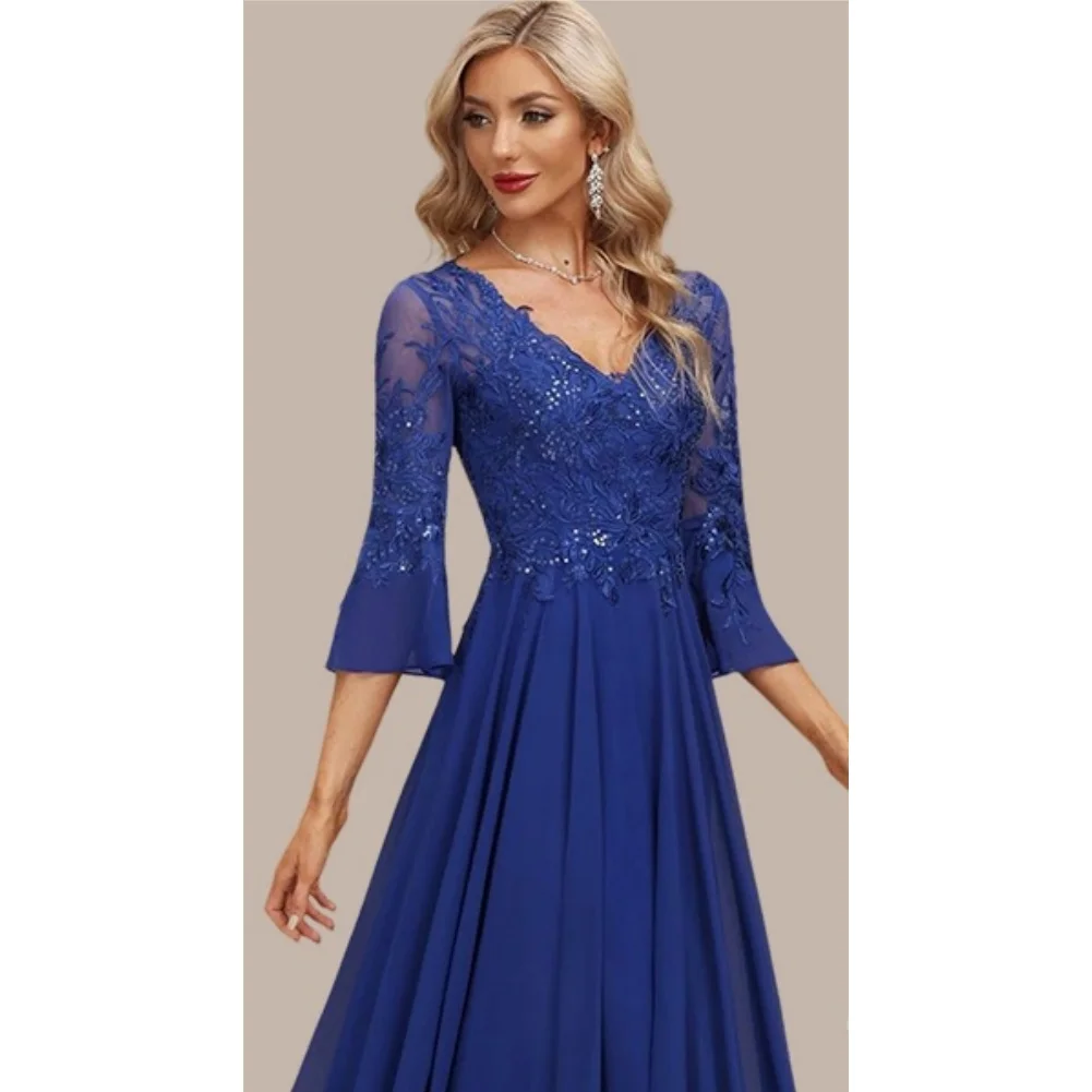 Women's V Neck 3/4 Sleeve Mother of The Bride Dresses Lace Chiffon A-Line Formal Evening Gowns Floor Length