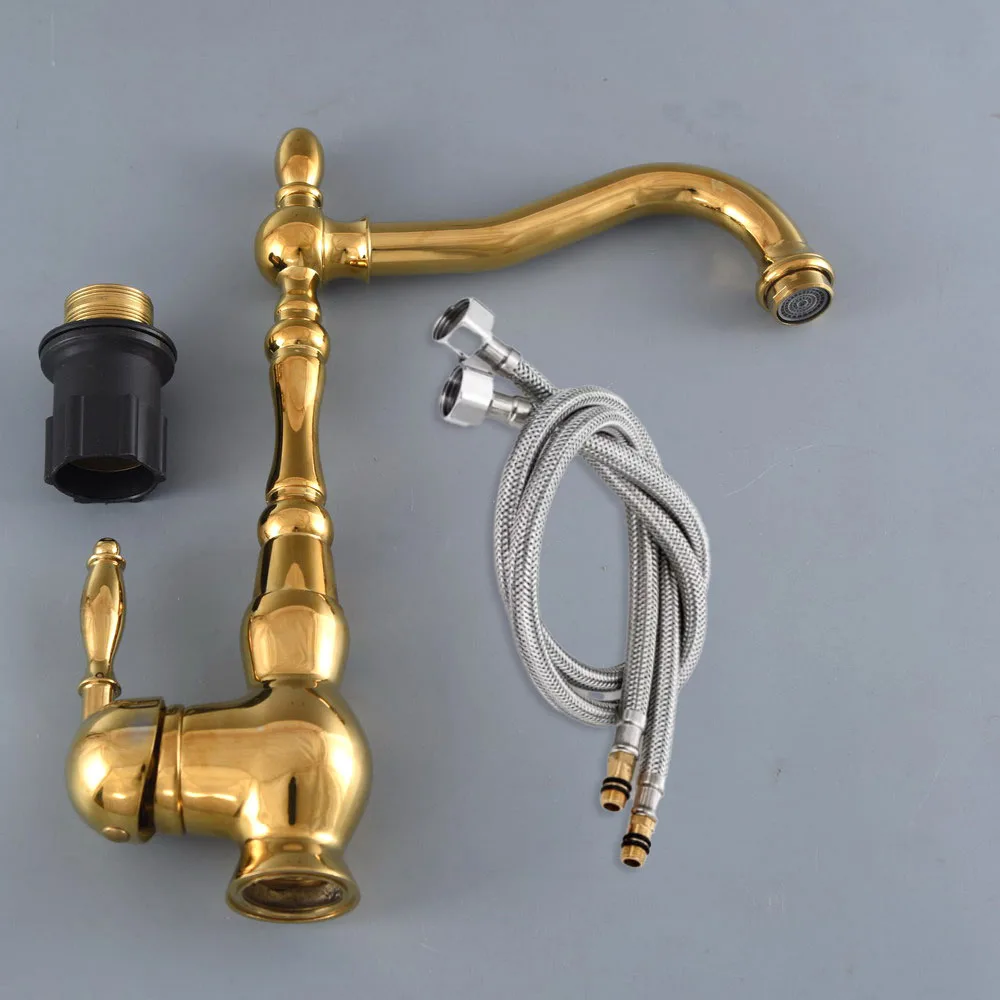 Polished Gold Color Brass Single Handle Kitchen Bathroom Basin Sink Swivel Spout Faucet Hot Cold Mixer Water Tap agf063